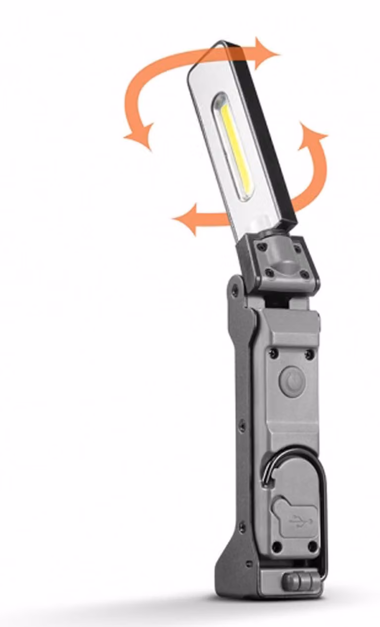 Alcapower Lampada da lavoro LED ricaricabile, corpo in alluminio, testa girevole 180°, 125lm, base magnetica e gancio integrato per uso professionale