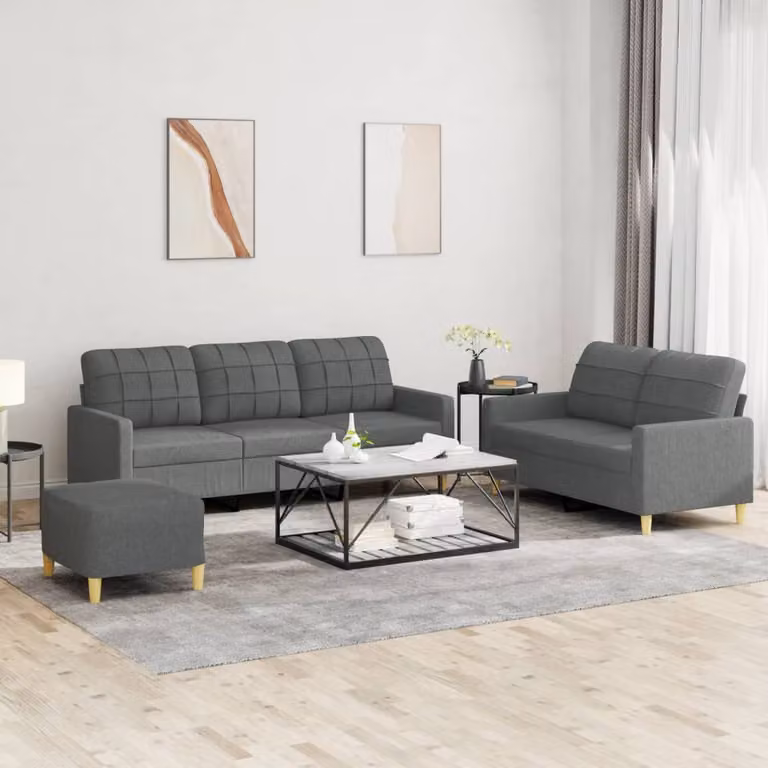 Set di divani vidaXL da 3 pezzi con pouf e cuscini, design moderno in tessuto grigio per il tuo soggiorno