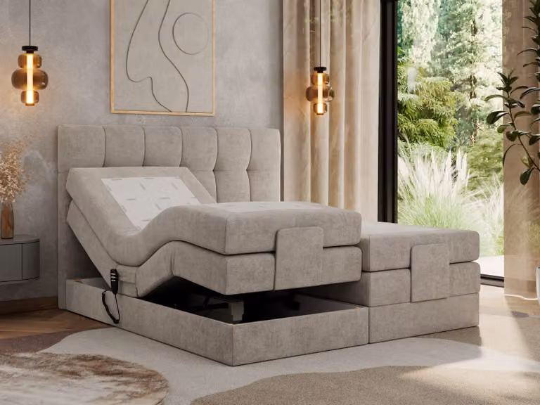Letto a molle insacchettate MKS MEBLE 180 x 200 cm regolabile elettricamente Materasso a molle insacchettate a 7 zone con topper Letto 180 x 200 cm con motore Letto imbottito Letto motorizzato - Vittoria - Struttura beige - H4