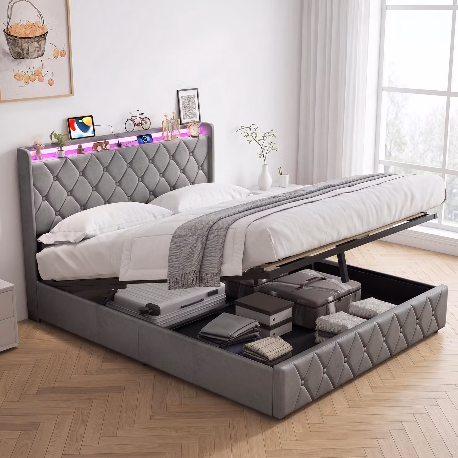 Letto matrimoniale con boxspring INONEFT, dimensioni 140x200 cm, con illuminazione LED e caricabatterie USB, letto per giovani, con rete a molle e spazio contenitore ad apertura idraulica, rivestito in velluto, colore grigio