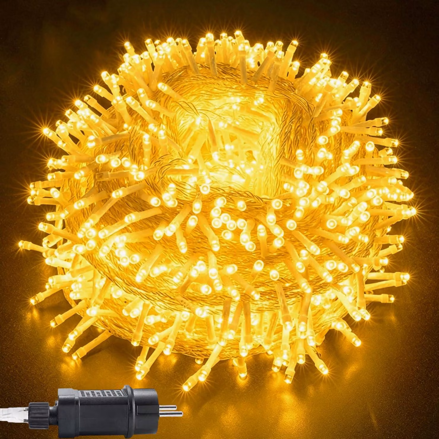 Catena luminosa da 10 metri, con 100 LED a luce calda, grado di protezione IP44, timer integrato, 8 modalità di illuminazione