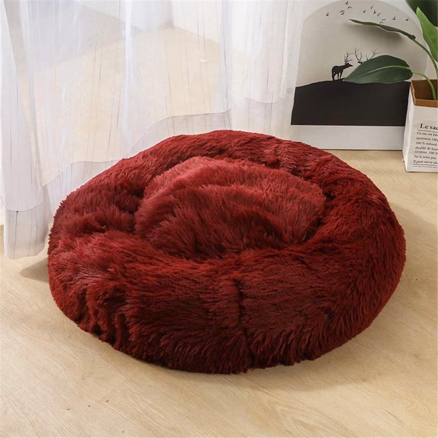 Cuccia per cani, cuccia per gatti, forma a ciambella, peluche, 100 cm, color borgogna