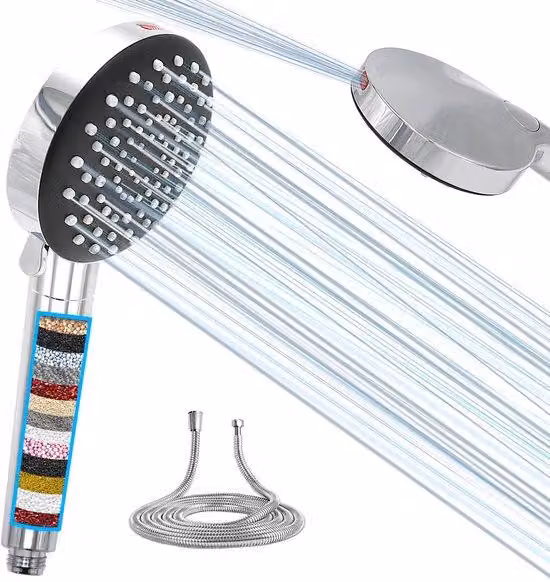 Soffione doccia con filtro e 6+1 tipi di getto, soffione doccia a risparmio idrico con flessibile, alta pressione per acqua dura