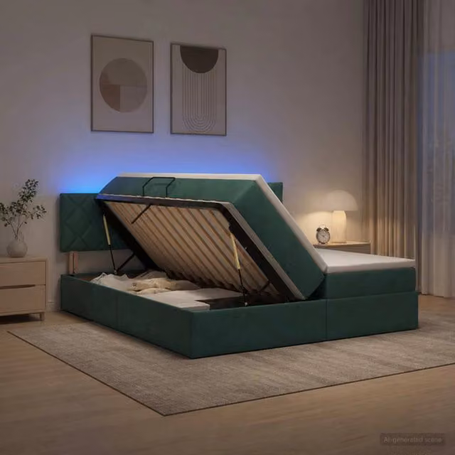 Letto con contenitore vidaXL in velluto verde con illuminazione LED e porta USB, L/P/H: 200 x 200 x 88 cm