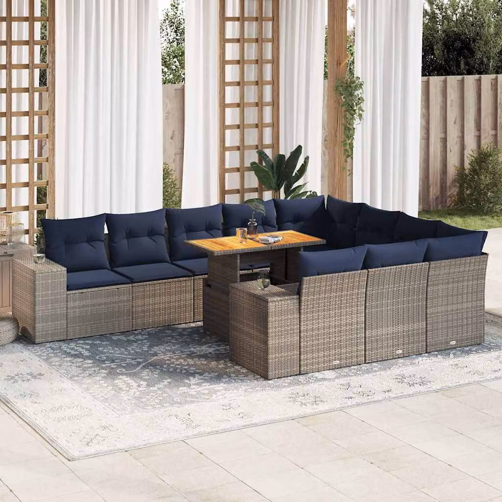 Set di divani da giardino vidaXL da 11 pezzi con cuscini in polyrattan e legno di acacia oliato, colore grigio e blu