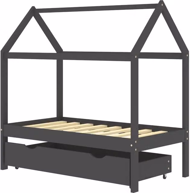 Letto Infantile Giroletto per Bambini in Pino Massello con Cassetti Grigio Design Minimalista L/P/H: 140 x 70 x 77 cm