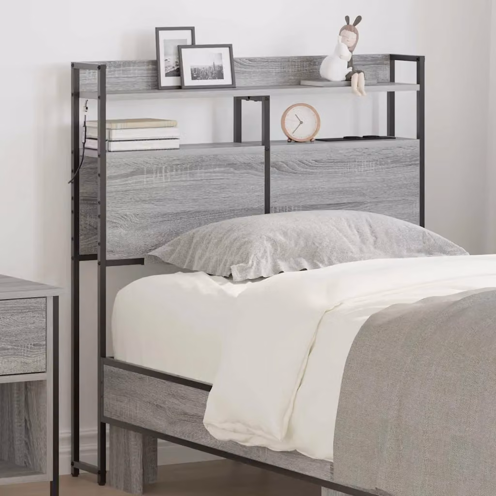 Testata letto con contenitore vidaXL Grigio sonoma con illuminazione integrata, mensola e porta USB in legno ingegnerizzato e metallo
