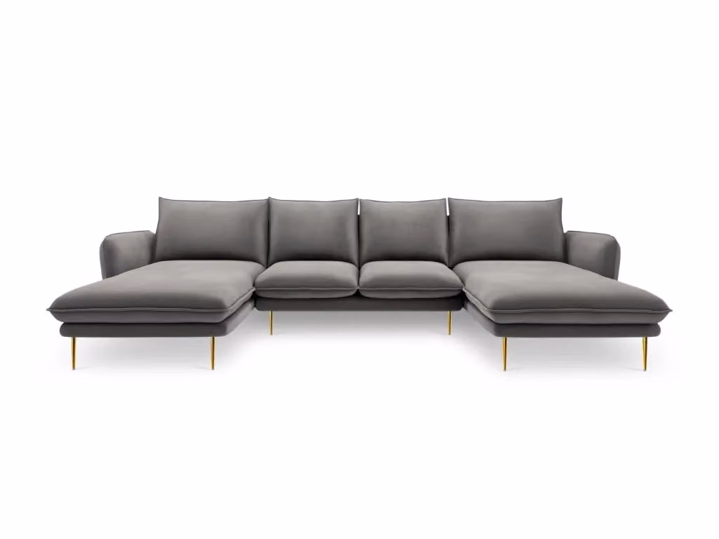 Divano panoramico Vienna Cosmopolitan Design a 6 posti in velluto grigio chiaro con struttura in metallo e forma a U L: 350 cm, P: 170 cm, H: 95 cm – 2