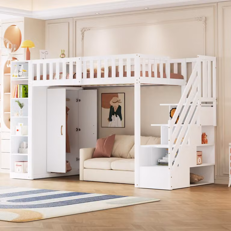 Letto a soppalco multifunzionale 90x200cm con ripiani, armadietto e grande guardaroba, scala di sicurezza con vani portaoggetti, bianco