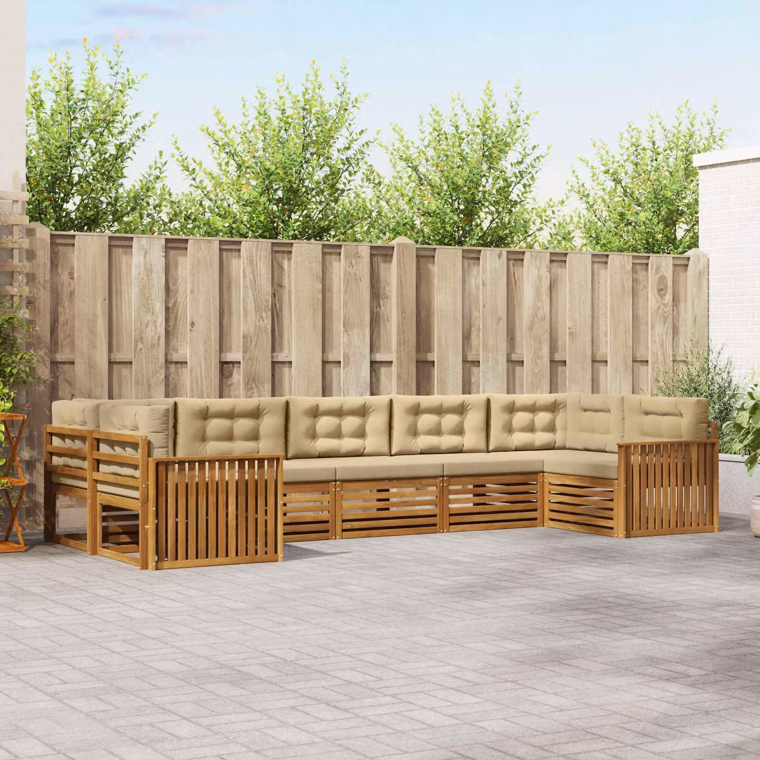 vidaXL Set di divani da esterno a L in legno di acacia con cuscini, Beige e Marrone