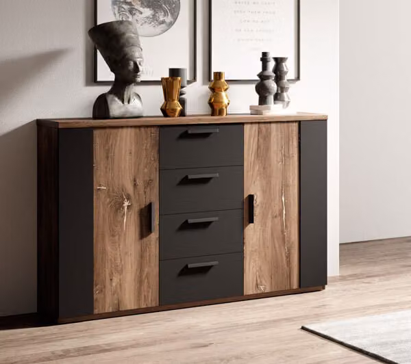 Credenza Sigma 132cm Cassettiera Flagstaf in rovere scuro - app. rosso rame / nero