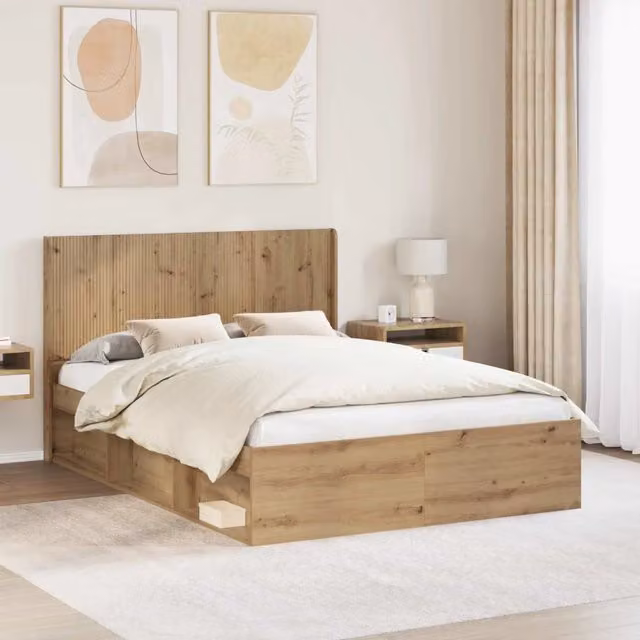 Letto moderno con contenitore e testata vidaXL in legno color rovere, L/P/H: 190 x 140 x 141,5 cm