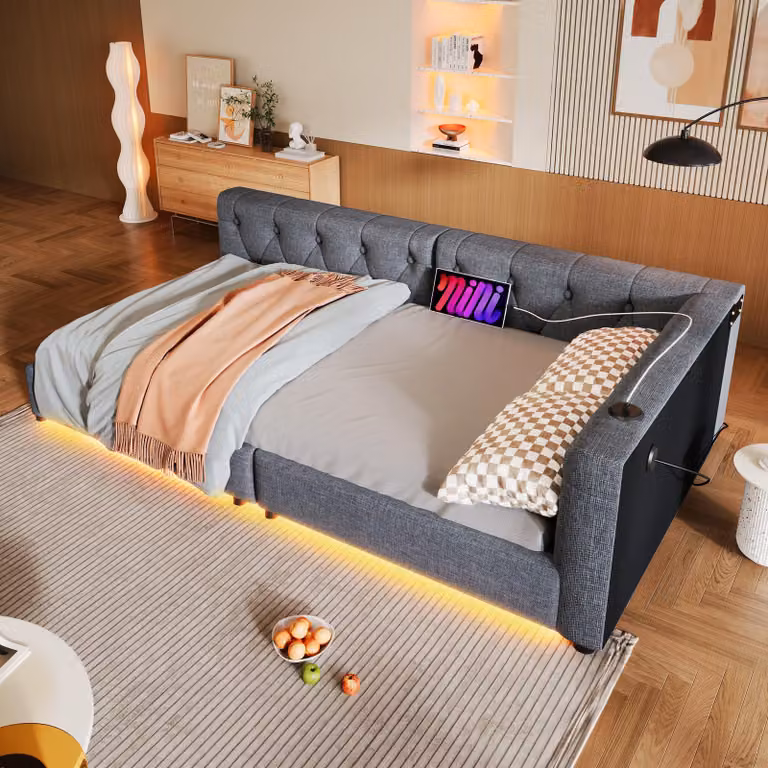 okwish daybed 90x200 con rete a doghe, struttura letto con strisce luminose a LED e USB+tipo-c, daybed letto in legno con asola, letto per ragazzi con telecomando, grigio