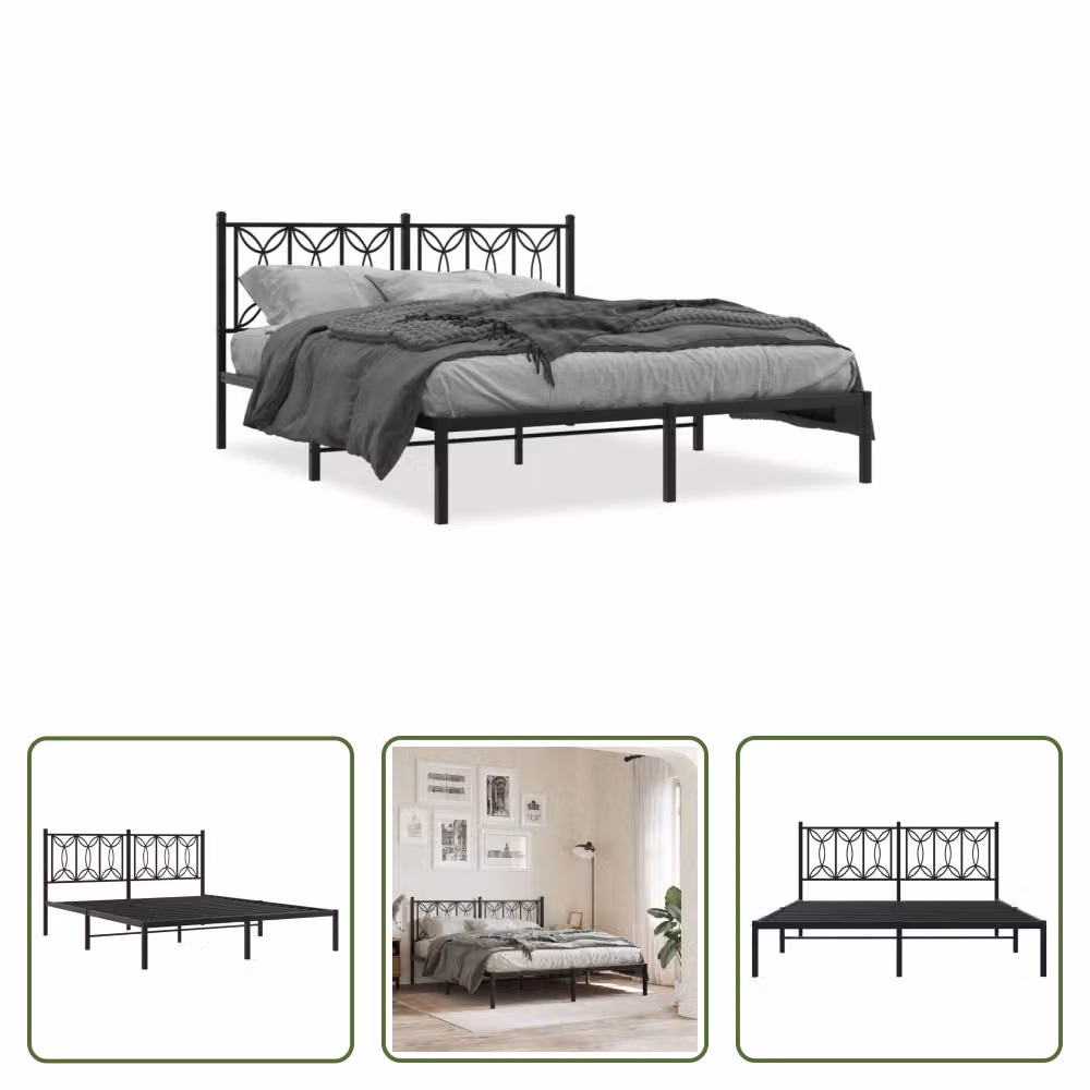 The Living Store Struttura letto con testiera in metallo nero 150x200 cm