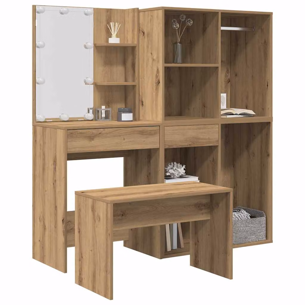 vidaXL Set Toeletta con LED in Legno Rovere Marrone L: 140 cm, P: 40 cm, H: 60 cm