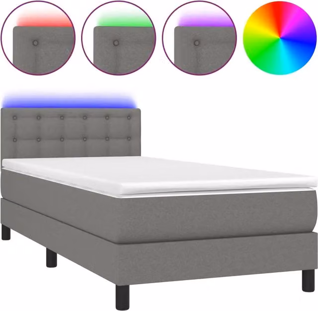 Letto singolo | Letto per adulti | Letto a Molle Materasso e LED Grigio Scuro 100x200cm in Tessuto