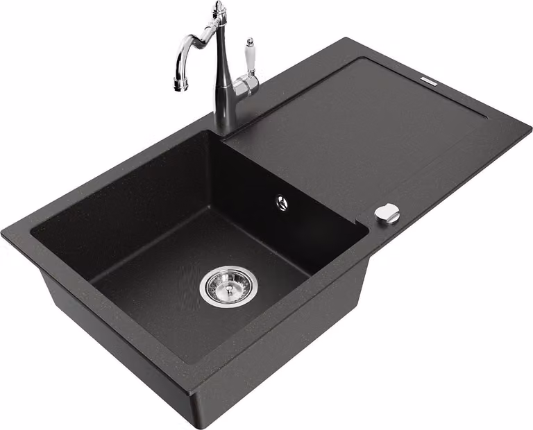 Mexen Leo lavello in granito a 1 vasca con scolapiatti e rubinetto da cucina Carla, nero/oro metallico - 6501-75-670700-00