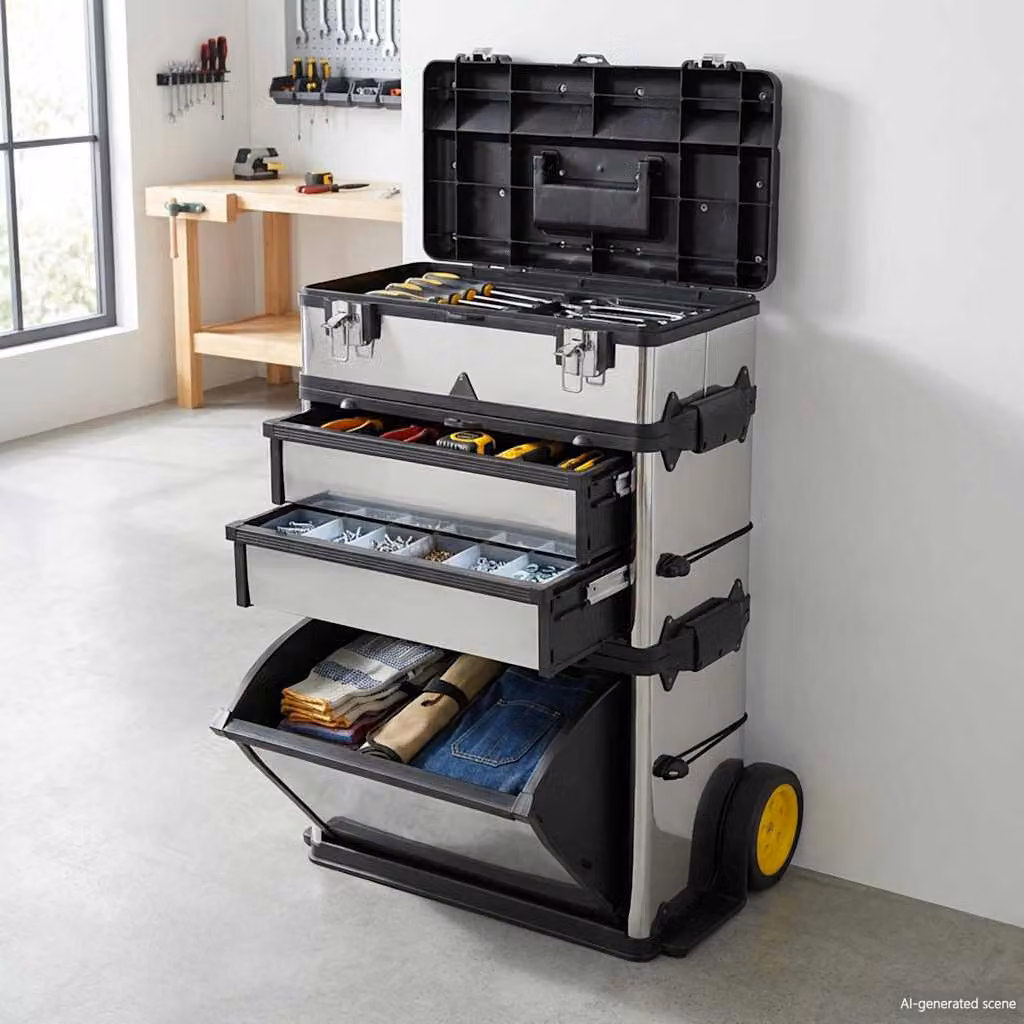 vidaXL Trolley Porta Attrezzi con 3 Componenti in Acciaio Inox e Plastica, Grigio e Argento, L/P/H: 77,0 x 56,5 x 35,0 cm