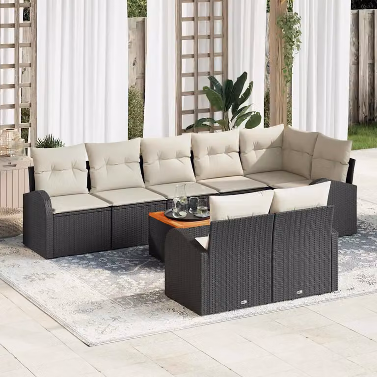 Set Divano da Giardino Moderno vidaXL in Polyrattan con Cuscini Nero e Beige, 9 Pezzi