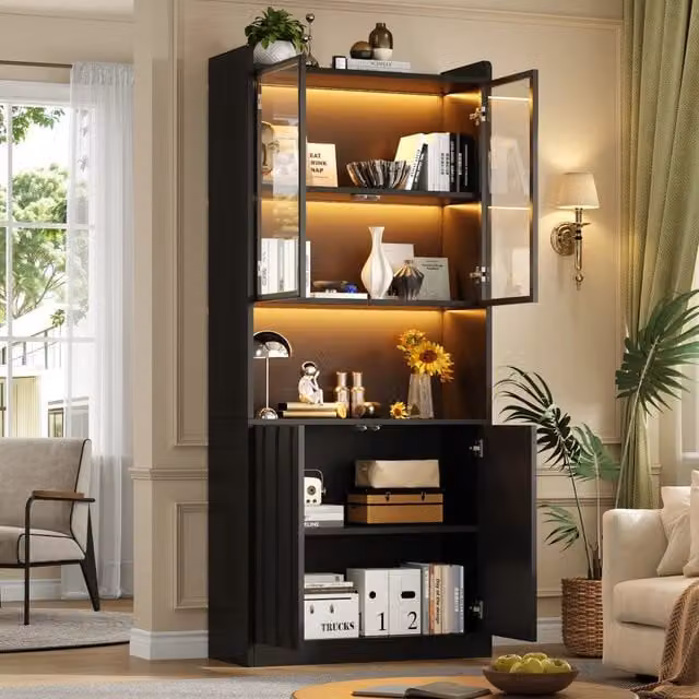 Vetrina con LED, 4 ante e 5 vani con ripiani regolabili, per soggiorno e cucina, in truciolare e vetro temperato nero, 80 × 35 × 200 cm