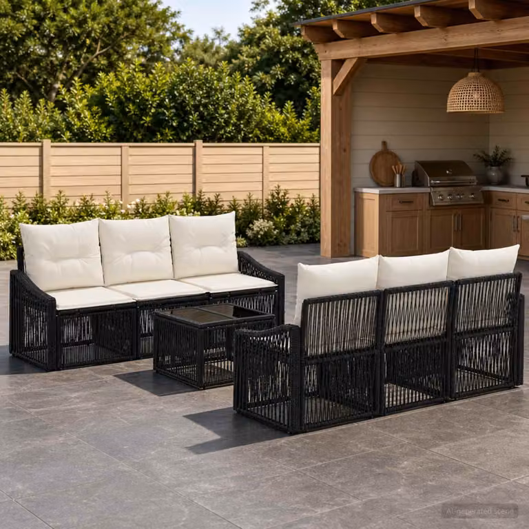 Set Divano da Giardino vidaXL 7 Pezzi in Polyrattan Nero con Cuscini e Tavolino