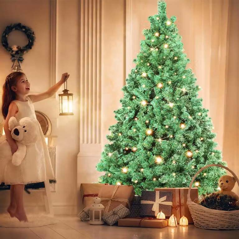 Albero di Natale artificiale Izrielar 150 cm con 550 aghi in PVC, 200 luci LED bianche calde e supporto in metallo, abete, albero di Natale