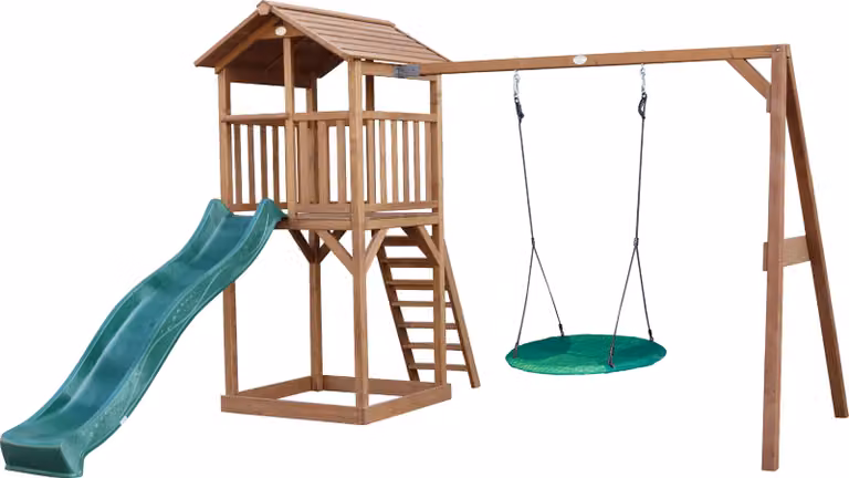 AXI Beach Tower parco giochi in legno in marrone | Torre di gioco per bambini con sabbiera, altalena a nido e scivolo verde | Casa per bambini su palafitte per il giardino