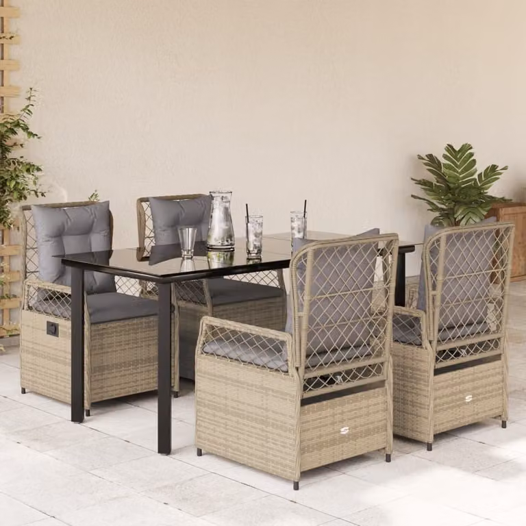 Set da Pranzo da Giardino vidaXL in Polyrattan con Cuscini Beige e Tavolo in Vetro, 5 Pezzi