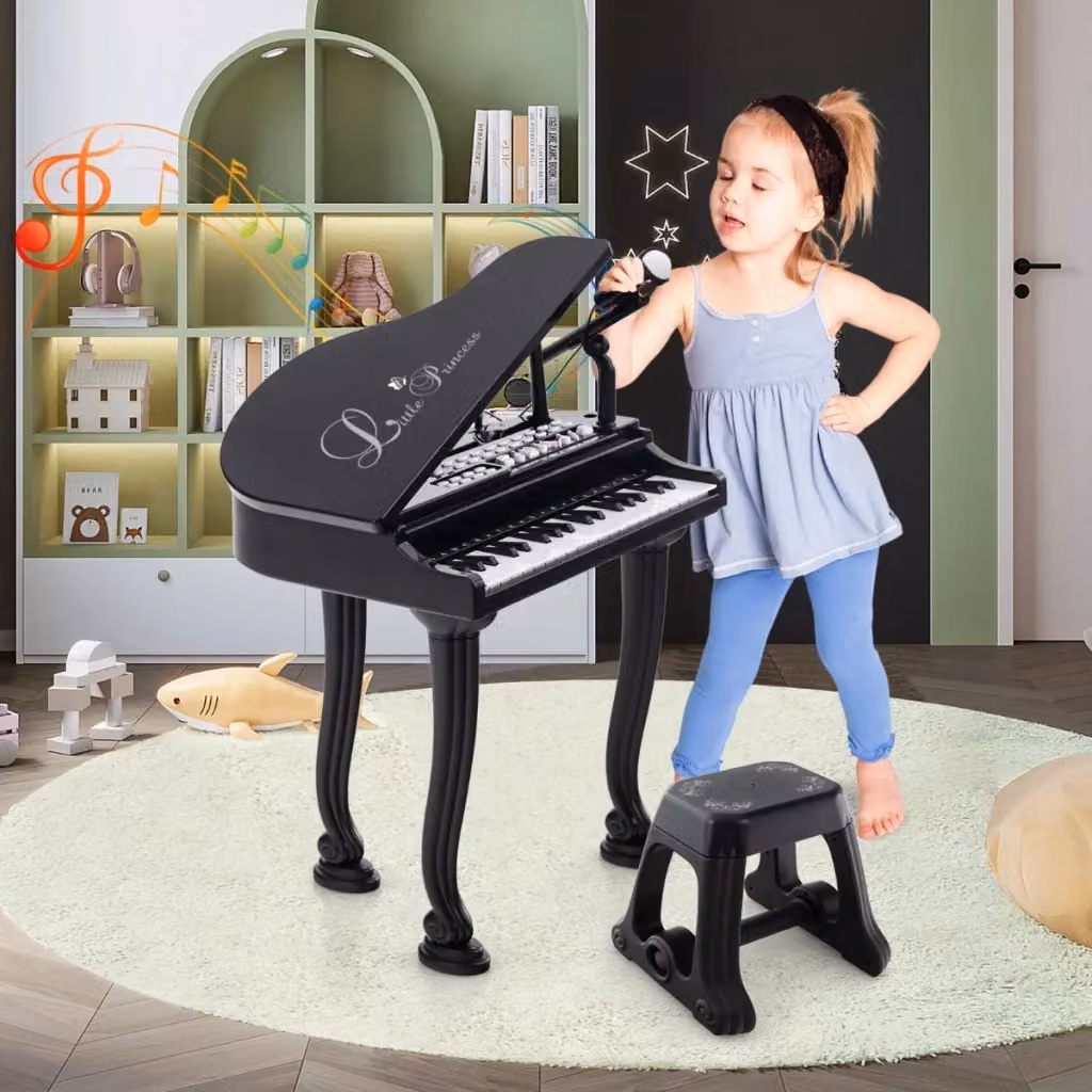 Pianoforte giocattolo multifunzionale con 37 tasti, sgabello e microfono, tastiera portatile per bambini in plastica, colore nero – 2