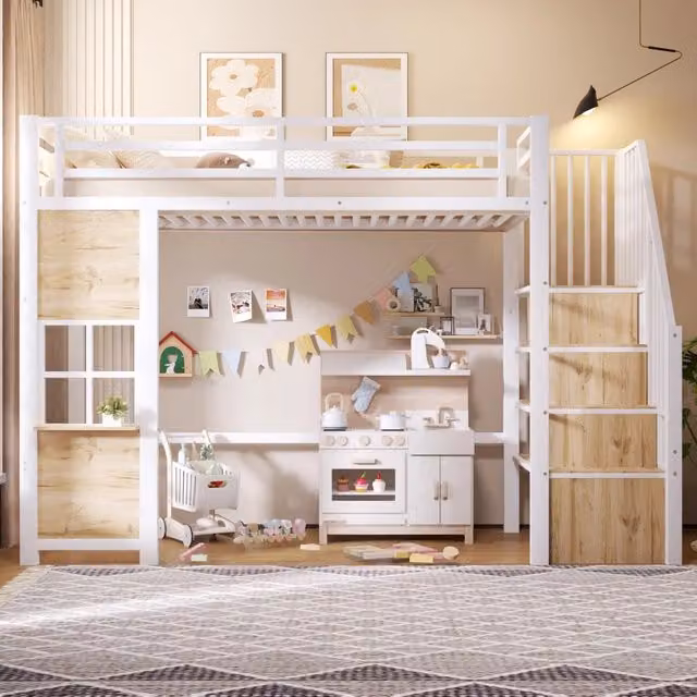Letto a soppalco per bambini 90x200 cm in metallo e MDF bianco con scala contenitore e ringhiera
