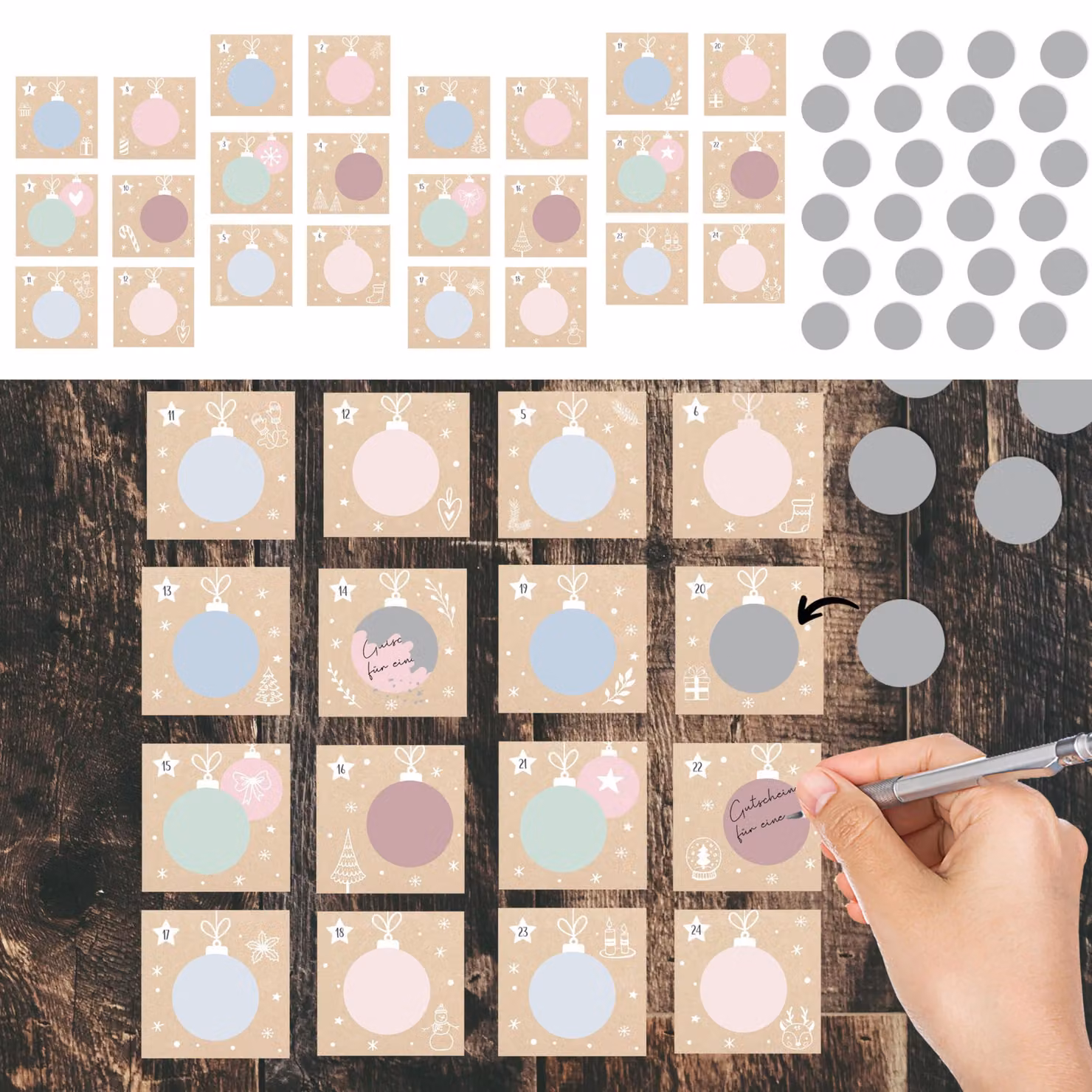 Calendario dell'Avvento da grattare, 24 bigliettini, con clip, corda, 8x8 cm