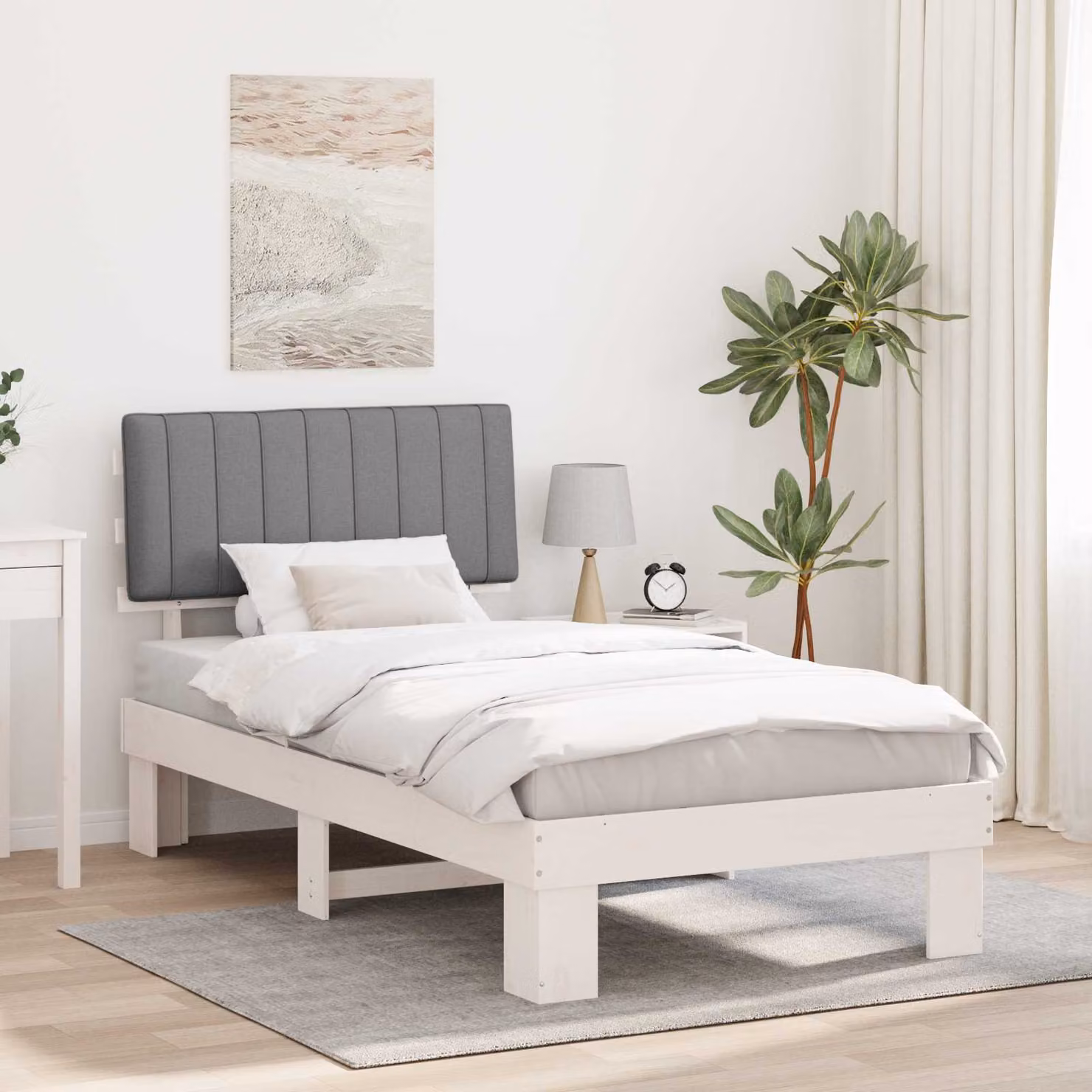 Letto con Testiera Rivestita vidaXL in Legno di Pino e Tessuto Grigio chiaro L/P/H: 200 x 100 x 93 cm – 1