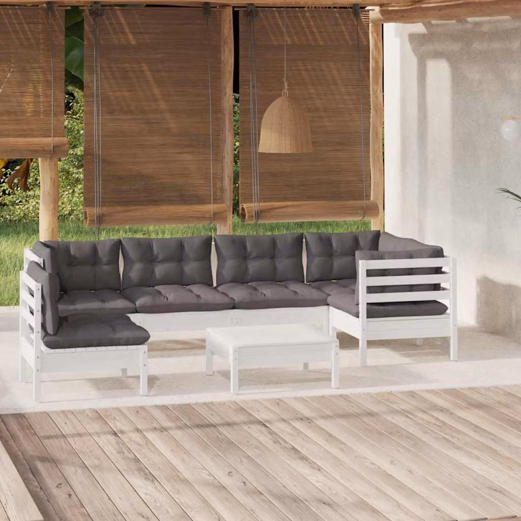 Set di divani da giardino vidaXL a forma di L composto da 7 pezzi con cuscini bianchi e antracite in legno di pino trattato