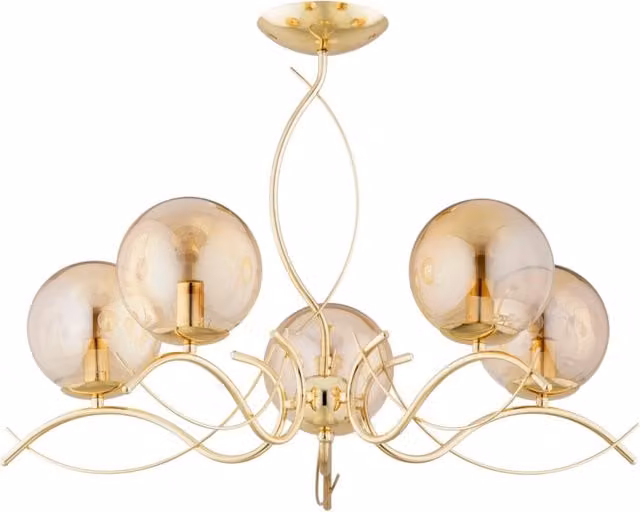 Plafoniera Alfa Elita in ottone con sfere in vetro ambra, dimmabile, per 5 lampadine E14