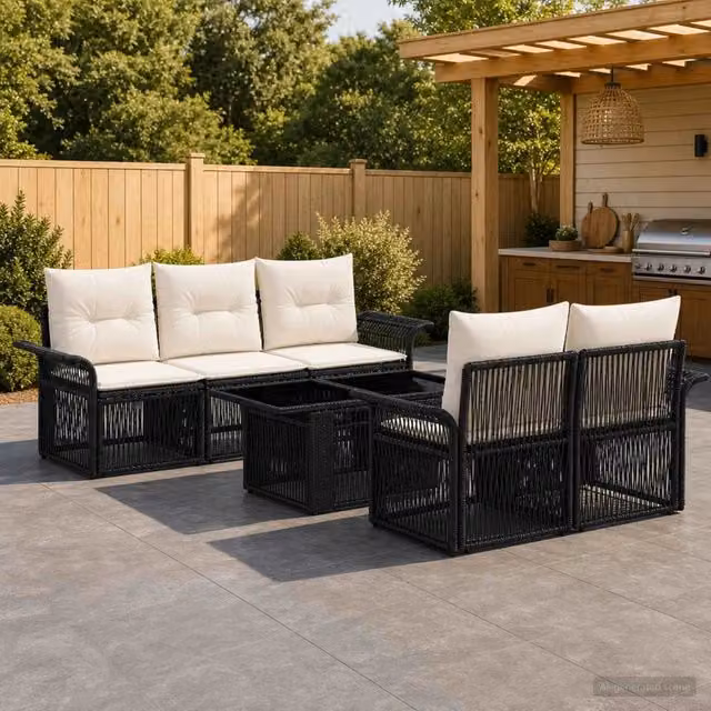 Set Divano da Giardino 6 pz Nero e Bianco Crema polyrattan 3436591