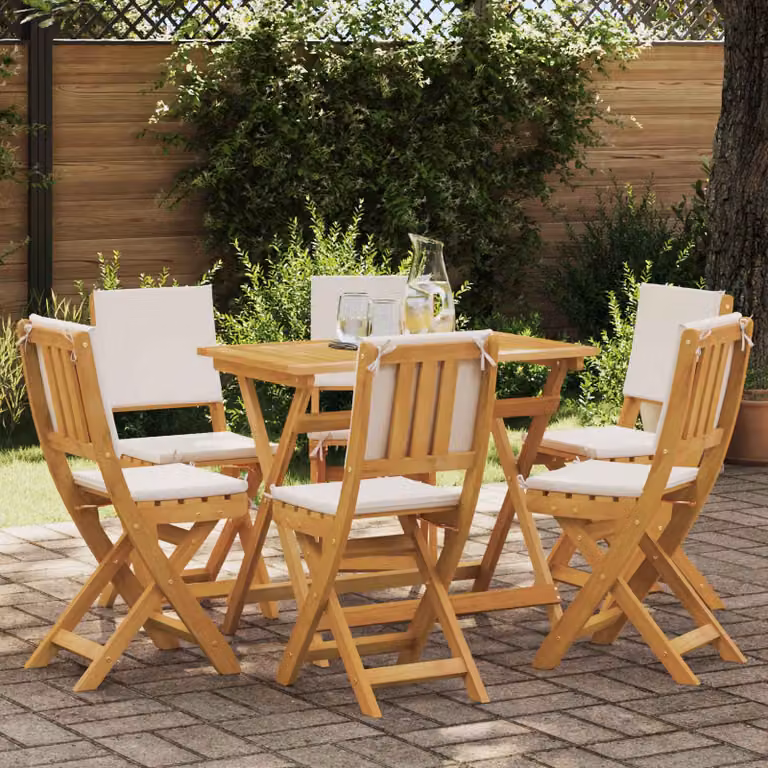 Set di 6 sedie da giardino bistro vidaXL in legno di acacia oliato con cuscini color bianco e beige