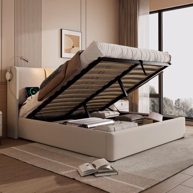 Letto imbottito Flieks 160x200cm con rete a doghe, letto a molle con luce di lettura e USB, letto matrimoniale contenitore letto funzionale, PU, beige