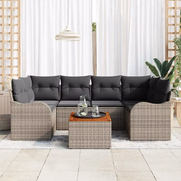 Set Divano da Giardino Moderno vidaXL 7 Pezzi Grigio con Cuscini e Tavolino in Polyrattan e Acciaio