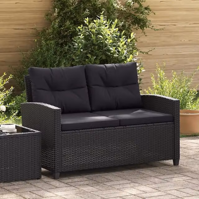 Divano da Giardino 2 Posti con Cuscini Nero 124 cm Polyrattan 46155