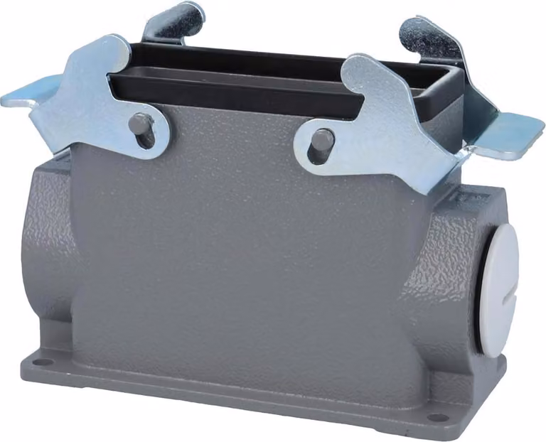 HARTING Han 16B Alloggiamento base alto, 1xPG21 uscita cavo laterale, con 2 staffe trasversali Vite PG21 Area di serraggio