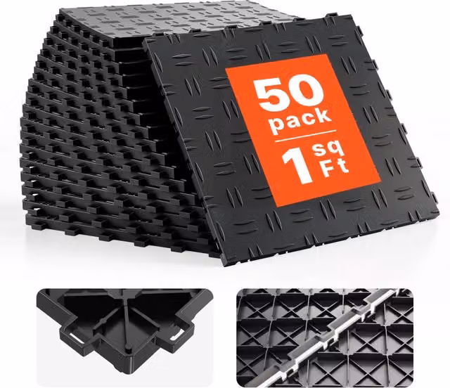 Piastrelle per Pavimento Garage in PP JQ-3050BK, Confezione da 50 Pezzi, 305 x 305 x 13,4 mm, Antiscivolo, per Officina, Nero