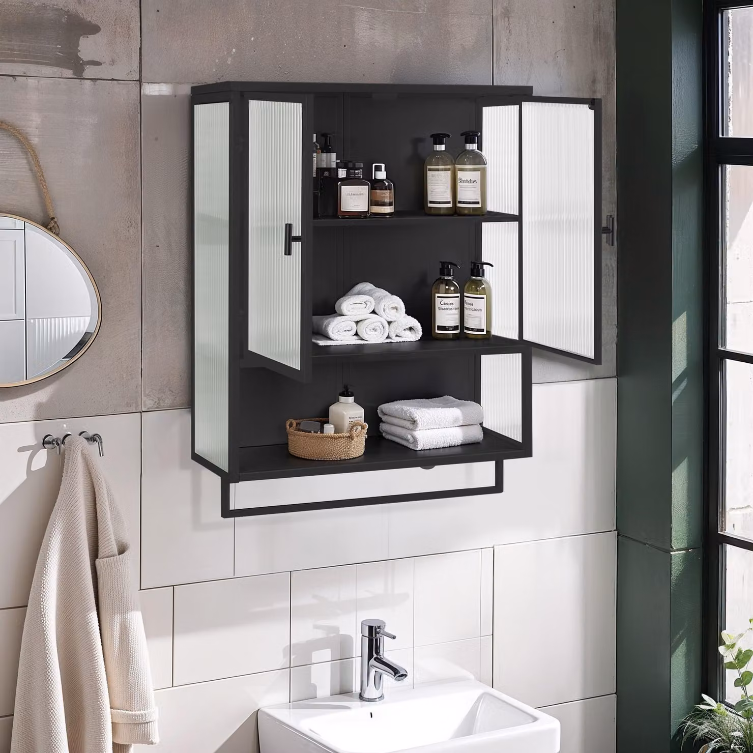 MODFU armadietto a muro bagno 60CM con spazio di archiviazione, mobile make-up a due livelli con porta asciugamani, lavagna aperta, per bagno, soggiorno, corridoio, nero