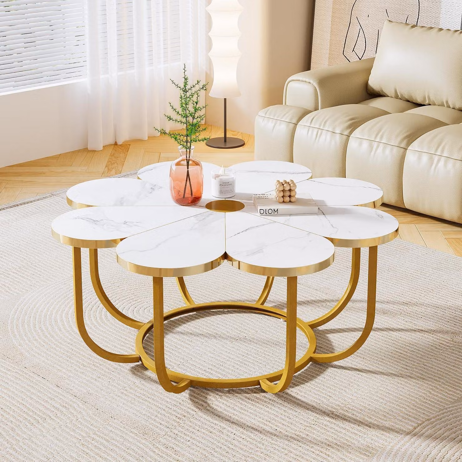 Tavolino da caffè, tavolino ausiliario, forma a fiore, bianco, oro, resina sintetica, metallo, 100 cm