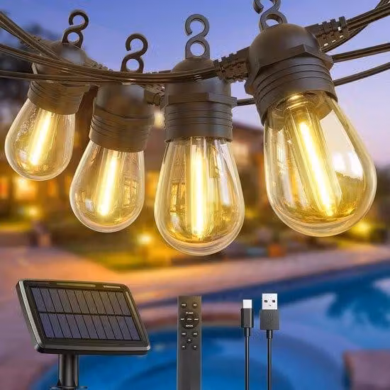 Luci solari da esterno - 10 LED, 12,5 m - Lampadine solari - Ricarica USB/solare - 4 modalità - 3 modalità solari - Giardino, balcone, feste