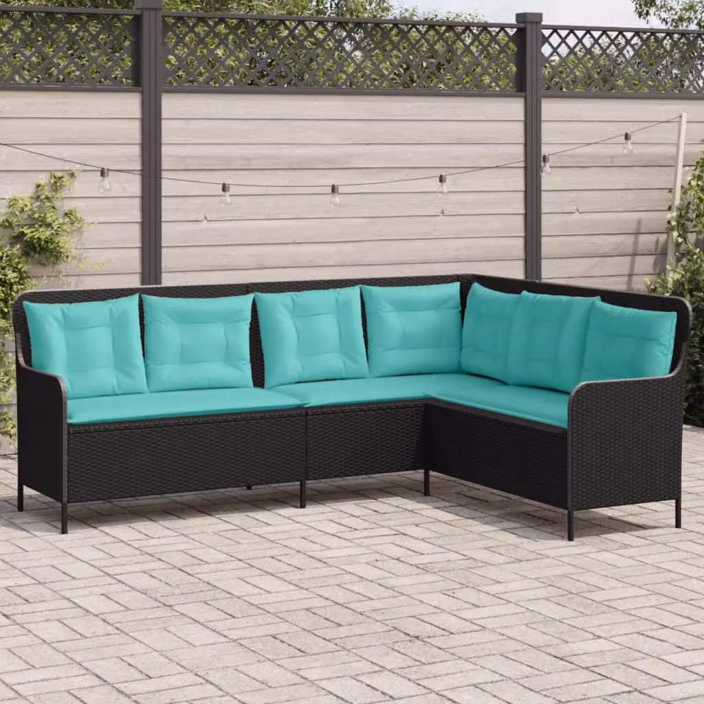 vidaXL Divano da giardino a forma di L in polyrattan nero con cuscini color turchese e coperture rimovibili