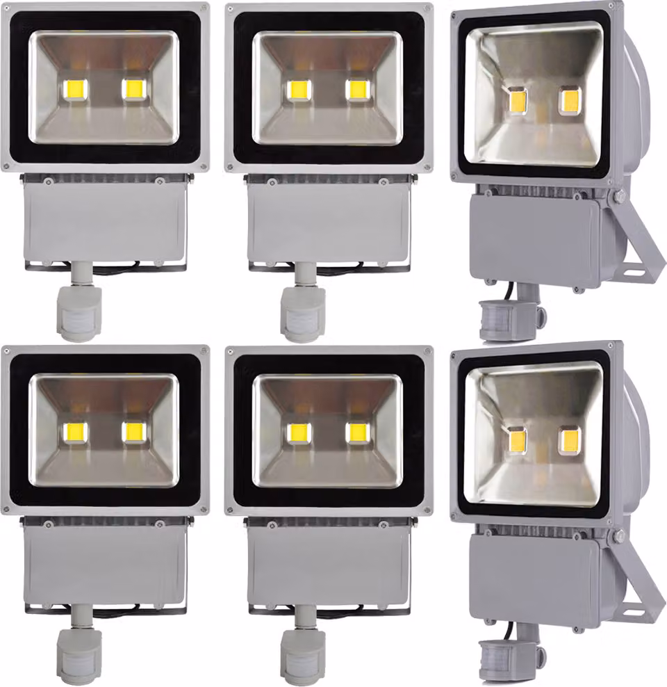 6 pezzi di faretti LED da 100 W con sensore di movimento PIR, Greenmigo bianco freddo impermeabile IP65 illuminazione di sicurezza super luminosa per giardino, cortile, magazzino, piazza, cartellone pubblicitario