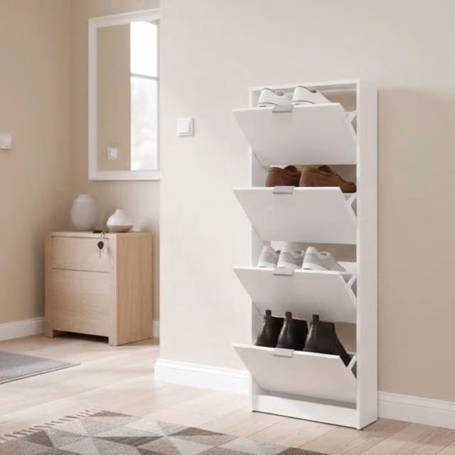 Scarpiera Pesche DMORA Bianca con Ripiano e Scomparti Basculanti L: 58 cm, P: 18 cm, H: 155.5 cm