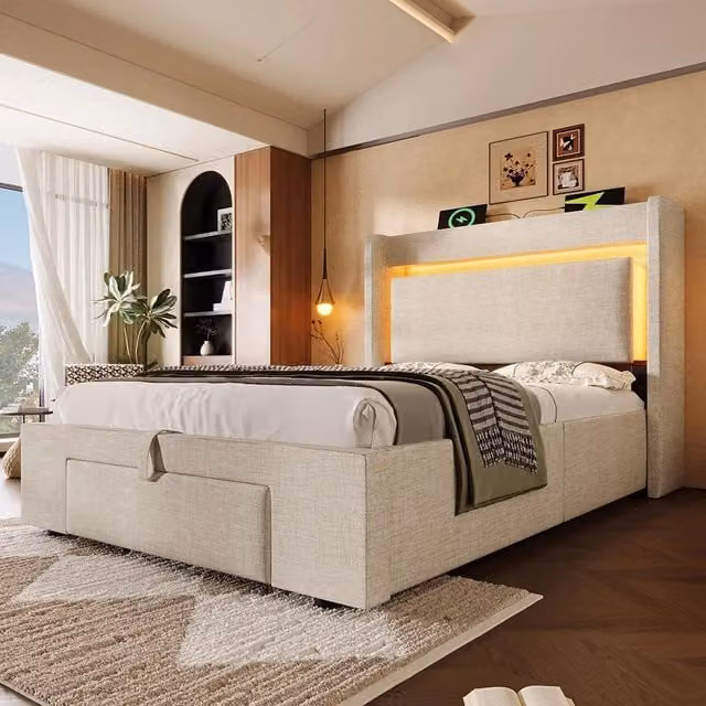 Letto imbottito con testiera - Xylo - 90x200 cm - Beige, lino - Rialzo idraulico, LED, USB/USB-C