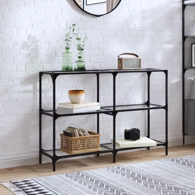 vidaXL Tavolino Consolle Moderno con Piano in Vetro Trasparente e Struttura in Metallo Nero L: 118,5 cm, P: 30 cm, H: 81 cm