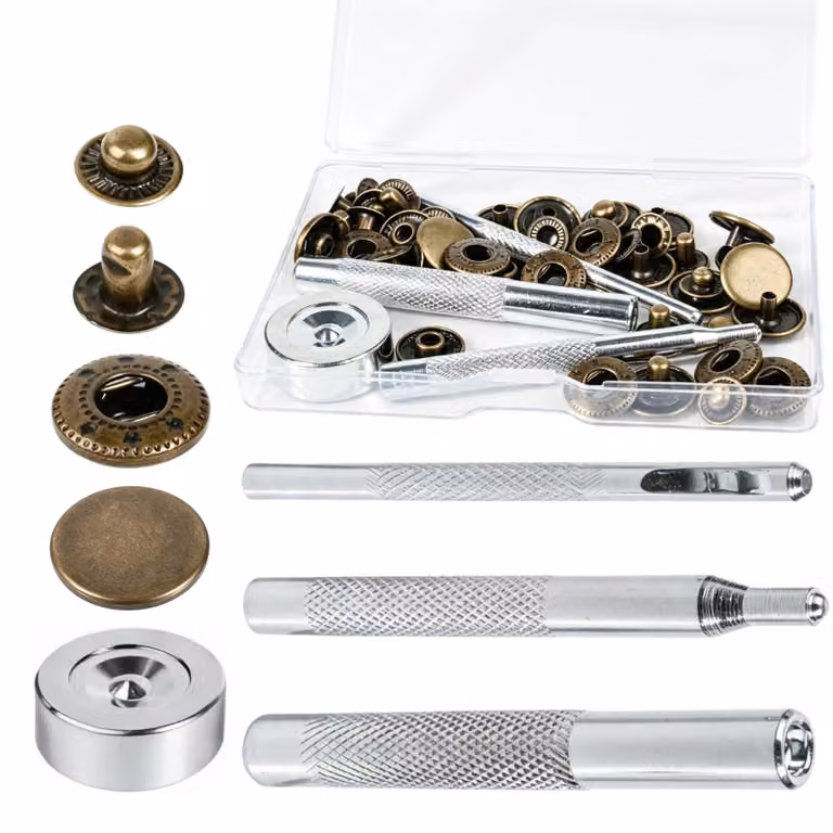 Set di bottoni a pressione, 52 pezzi, diametro 15 mm, in ottone, con strumento per cuoio e tessuto